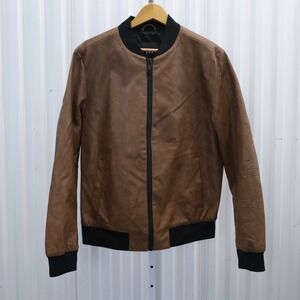 DKNY Mens Faux Leather Bomber Jacket Brown Full Zip Ribbed Collar Size M